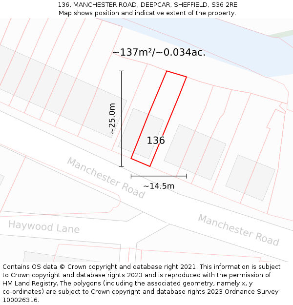 136, MANCHESTER ROAD, DEEPCAR, SHEFFIELD, S36 2RE: Plot and title map