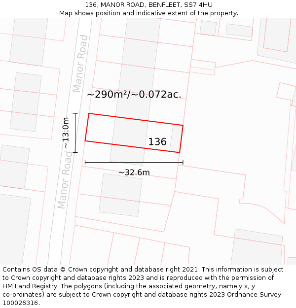 136, MANOR ROAD, BENFLEET, SS7 4HU: Plot and title map