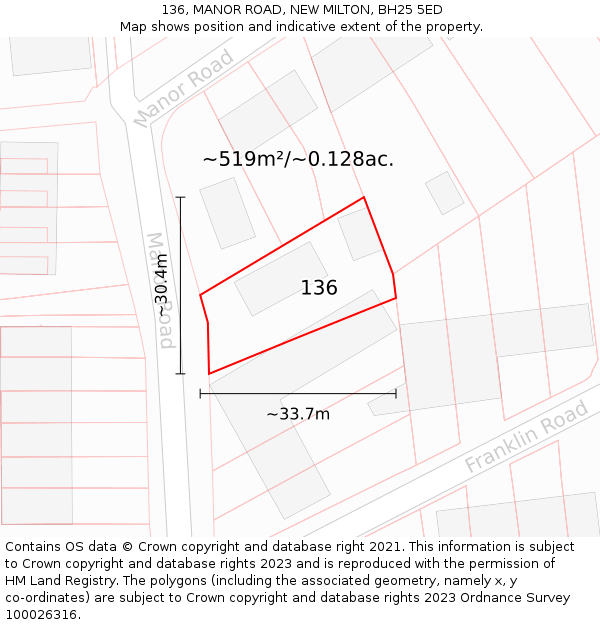 136, MANOR ROAD, NEW MILTON, BH25 5ED: Plot and title map