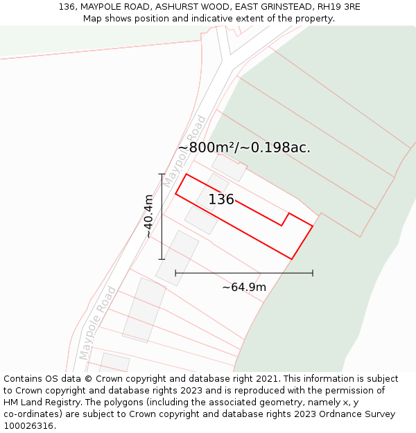 136, MAYPOLE ROAD, ASHURST WOOD, EAST GRINSTEAD, RH19 3RE: Plot and title map