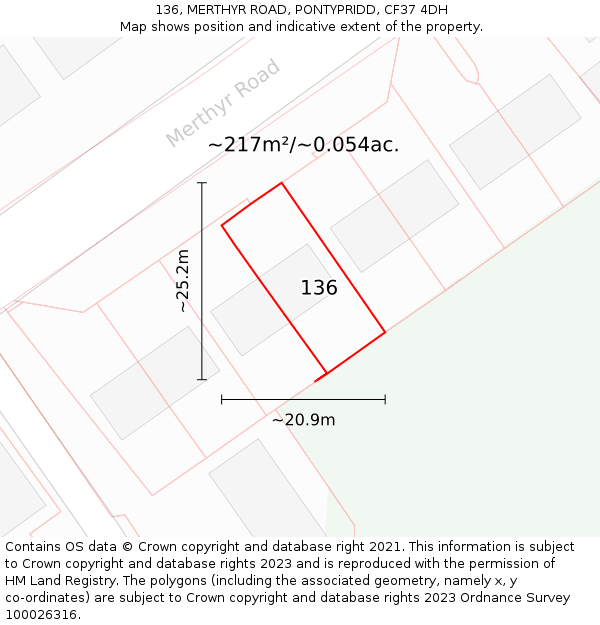 136, MERTHYR ROAD, PONTYPRIDD, CF37 4DH: Plot and title map