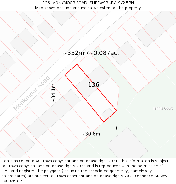 136, MONKMOOR ROAD, SHREWSBURY, SY2 5BN: Plot and title map