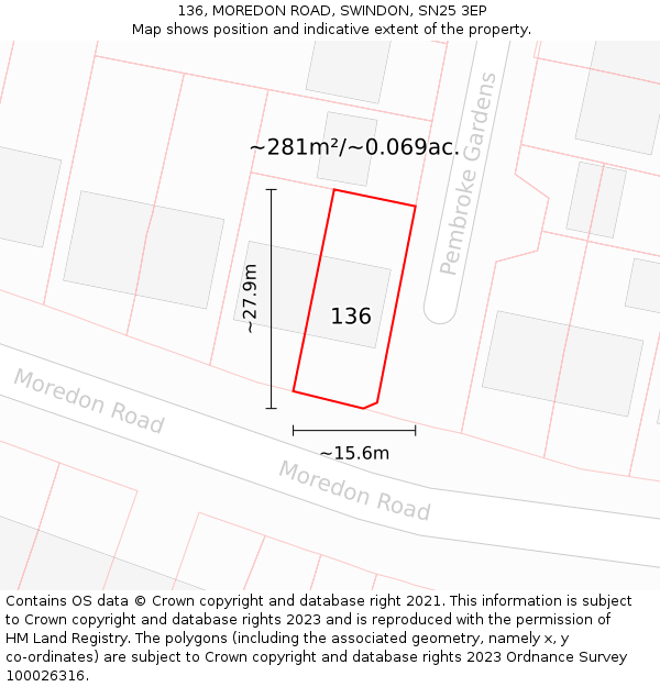 136, MOREDON ROAD, SWINDON, SN25 3EP: Plot and title map