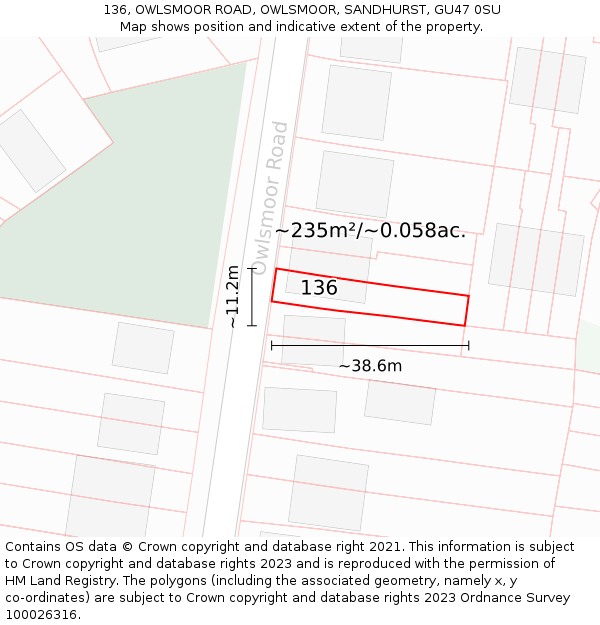 136, OWLSMOOR ROAD, OWLSMOOR, SANDHURST, GU47 0SU: Plot and title map