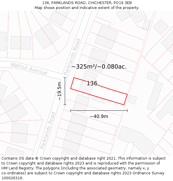 136, PARKLANDS ROAD, CHICHESTER, PO19 3EB: Plot and title map