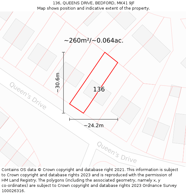 136, QUEENS DRIVE, BEDFORD, MK41 9JF: Plot and title map