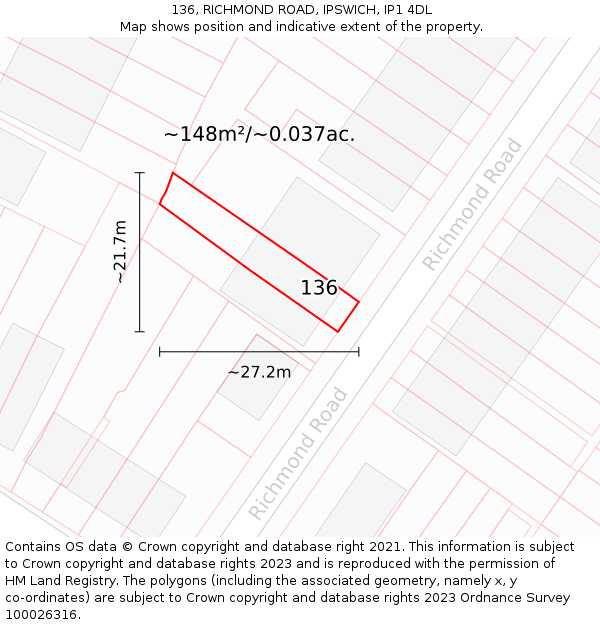 136, RICHMOND ROAD, IPSWICH, IP1 4DL: Plot and title map