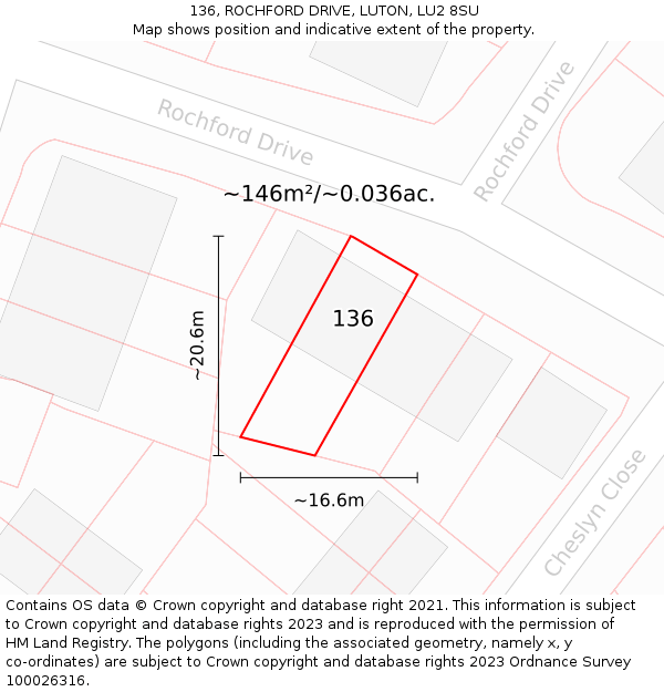 136, ROCHFORD DRIVE, LUTON, LU2 8SU: Plot and title map