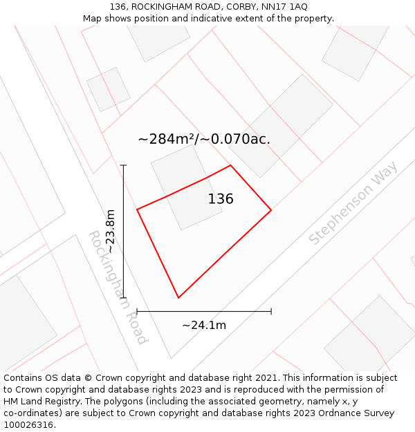 136, ROCKINGHAM ROAD, CORBY, NN17 1AQ: Plot and title map