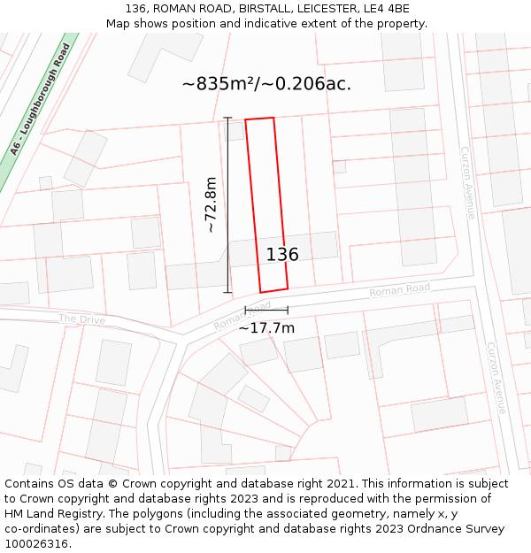 136, ROMAN ROAD, BIRSTALL, LEICESTER, LE4 4BE: Plot and title map