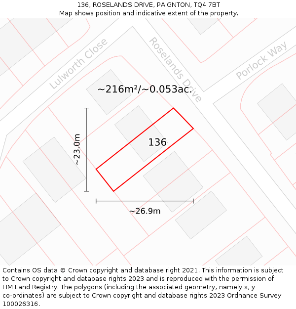 136, ROSELANDS DRIVE, PAIGNTON, TQ4 7BT: Plot and title map