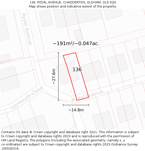 136, RYDAL AVENUE, CHADDERTON, OLDHAM, OL9 0QX: Plot and title map