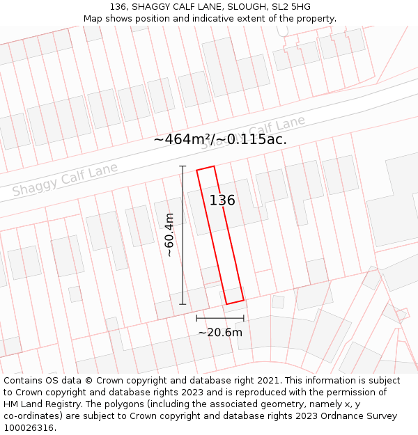 136, SHAGGY CALF LANE, SLOUGH, SL2 5HG: Plot and title map