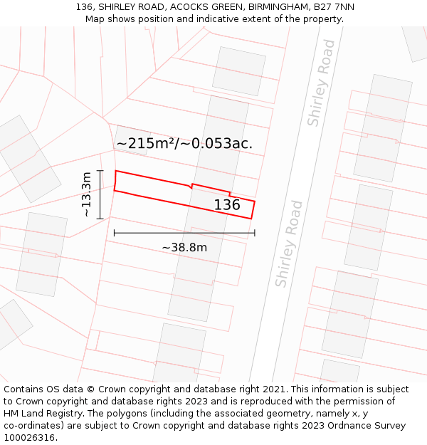 136, SHIRLEY ROAD, ACOCKS GREEN, BIRMINGHAM, B27 7NN: Plot and title map