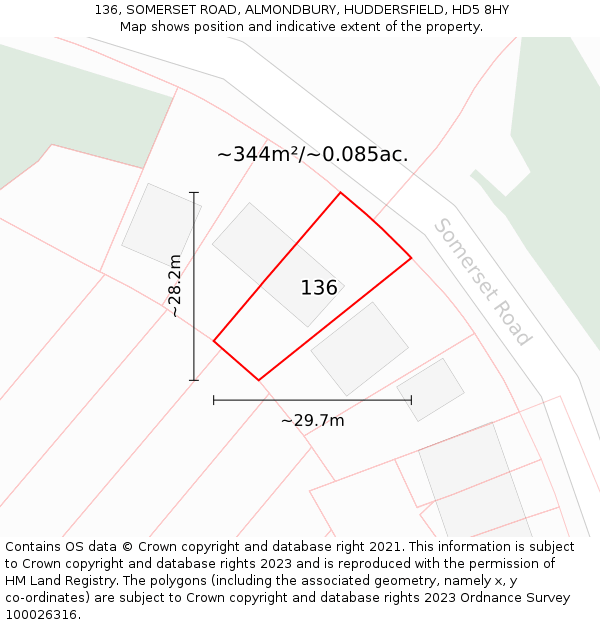 136, SOMERSET ROAD, ALMONDBURY, HUDDERSFIELD, HD5 8HY: Plot and title map