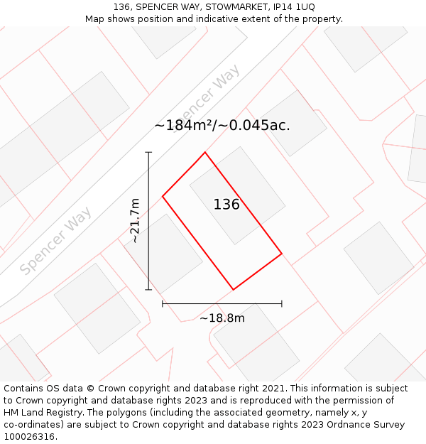 136, SPENCER WAY, STOWMARKET, IP14 1UQ: Plot and title map