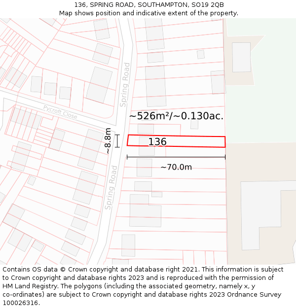 136, SPRING ROAD, SOUTHAMPTON, SO19 2QB: Plot and title map