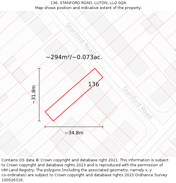 136, STANFORD ROAD, LUTON, LU2 0QA: Plot and title map