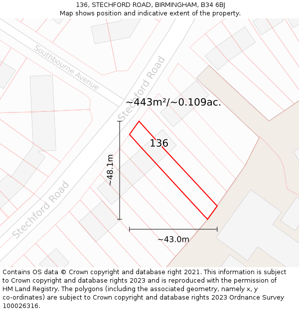 136, STECHFORD ROAD, BIRMINGHAM, B34 6BJ: Plot and title map