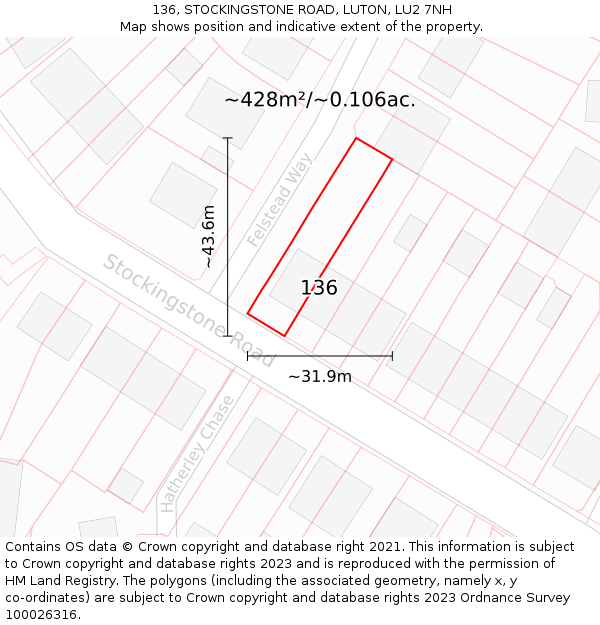 136, STOCKINGSTONE ROAD, LUTON, LU2 7NH: Plot and title map