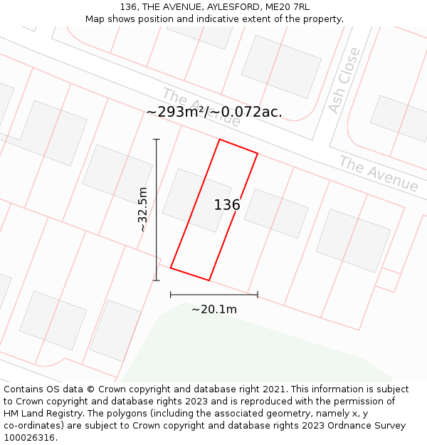 136, THE AVENUE, AYLESFORD, ME20 7RL: Plot and title map