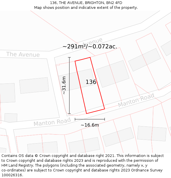 136, THE AVENUE, BRIGHTON, BN2 4FD: Plot and title map