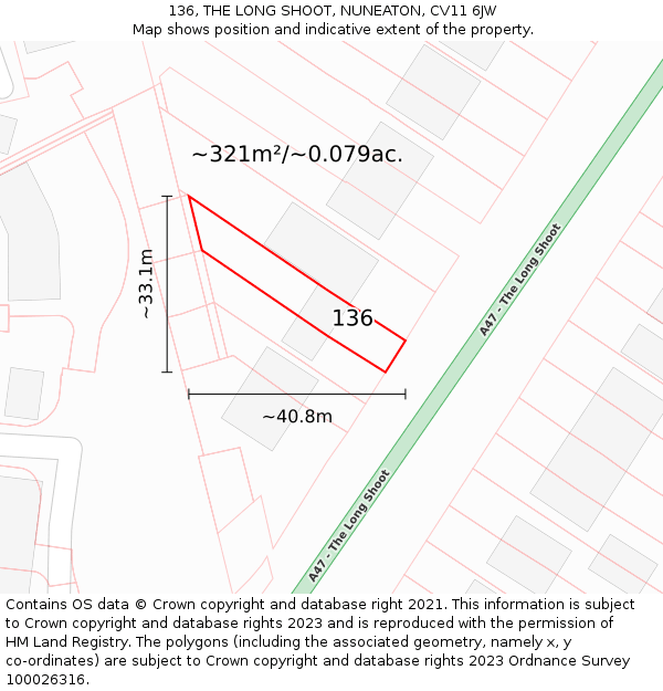 136, THE LONG SHOOT, NUNEATON, CV11 6JW: Plot and title map