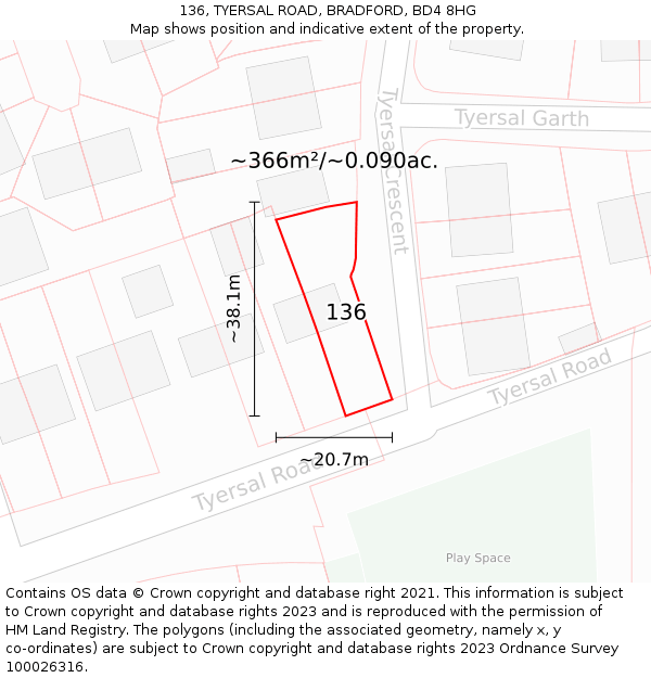 136, TYERSAL ROAD, BRADFORD, BD4 8HG: Plot and title map