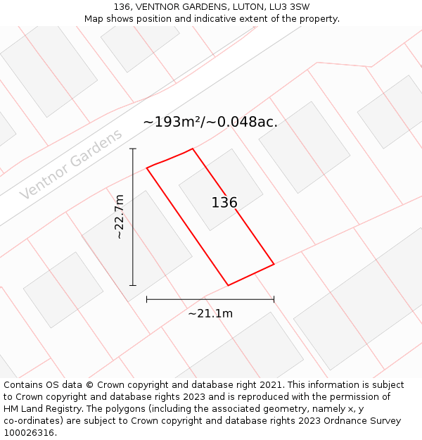 136, VENTNOR GARDENS, LUTON, LU3 3SW: Plot and title map