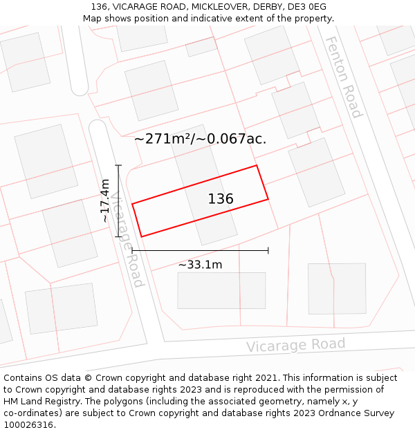 136, VICARAGE ROAD, MICKLEOVER, DERBY, DE3 0EG: Plot and title map