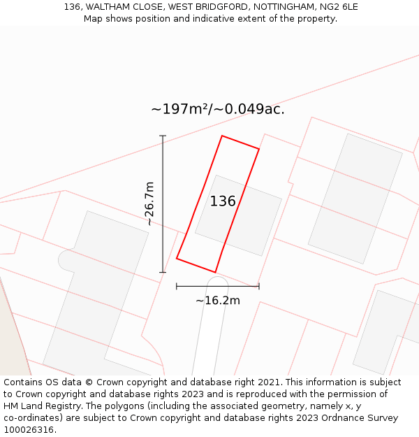 136, WALTHAM CLOSE, WEST BRIDGFORD, NOTTINGHAM, NG2 6LE: Plot and title map