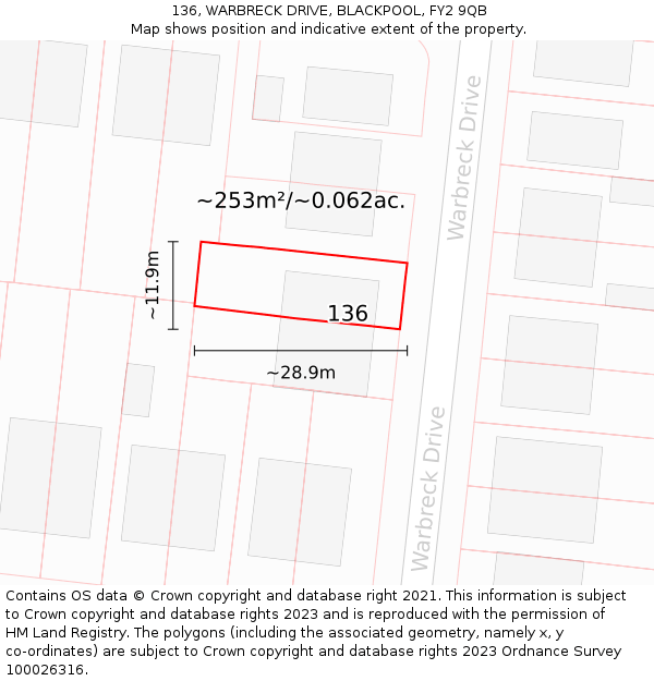 136, WARBRECK DRIVE, BLACKPOOL, FY2 9QB: Plot and title map