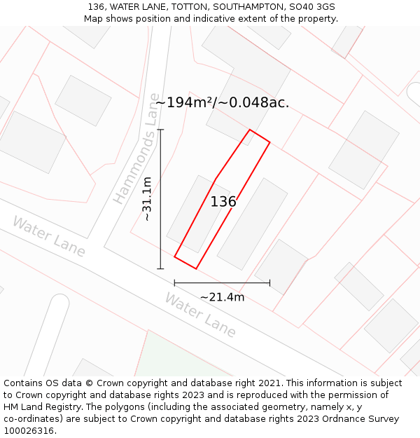 136, WATER LANE, TOTTON, SOUTHAMPTON, SO40 3GS: Plot and title map