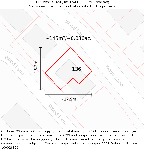 136, WOOD LANE, ROTHWELL, LEEDS, LS26 0PQ: Plot and title map