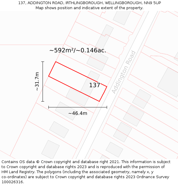 137, ADDINGTON ROAD, IRTHLINGBOROUGH, WELLINGBOROUGH, NN9 5UP: Plot and title map