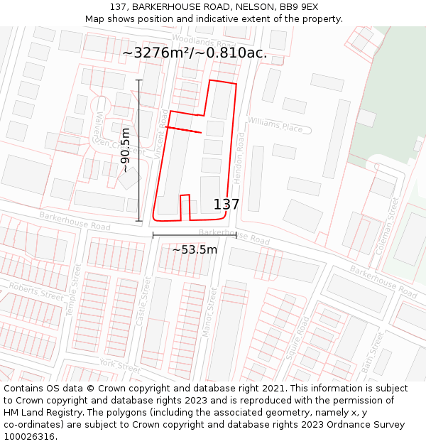 137, BARKERHOUSE ROAD, NELSON, BB9 9EX: Plot and title map