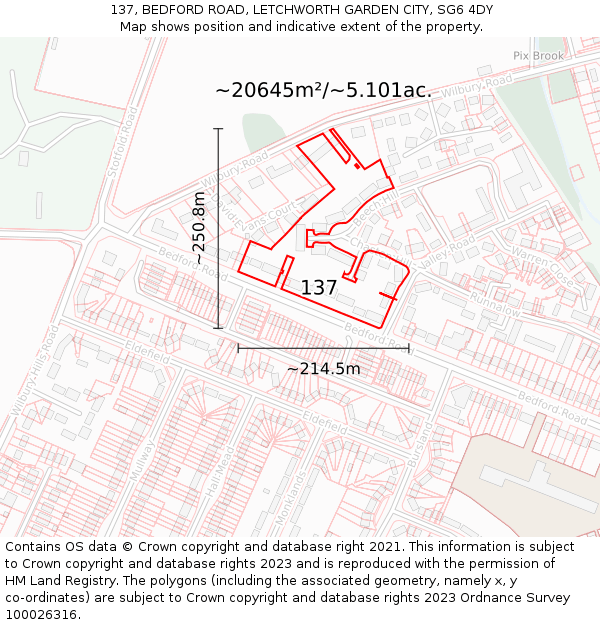 137, BEDFORD ROAD, LETCHWORTH GARDEN CITY, SG6 4DY: Plot and title map