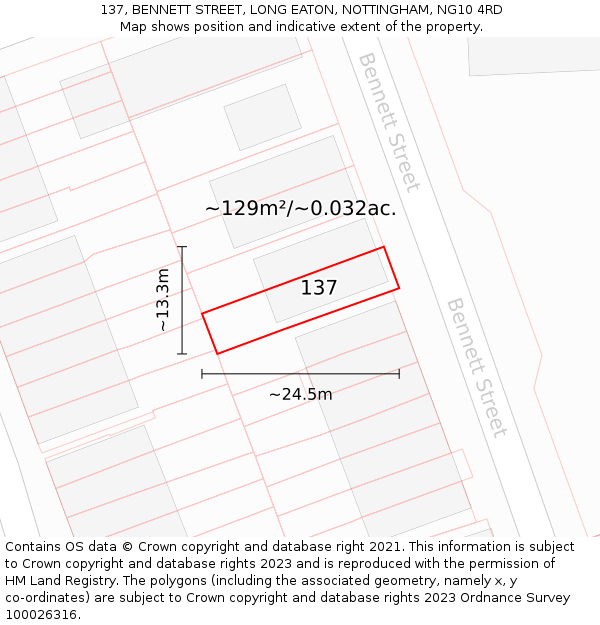 137, BENNETT STREET, LONG EATON, NOTTINGHAM, NG10 4RD: Plot and title map