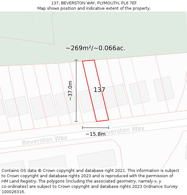 137, BEVERSTON WAY, PLYMOUTH, PL6 7EF: Plot and title map