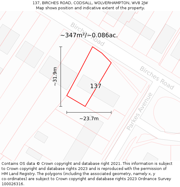 137, BIRCHES ROAD, CODSALL, WOLVERHAMPTON, WV8 2JW: Plot and title map