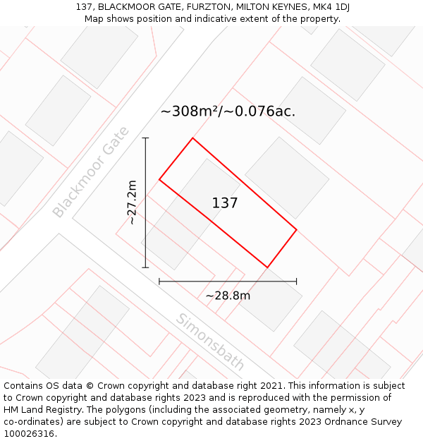 137, BLACKMOOR GATE, FURZTON, MILTON KEYNES, MK4 1DJ: Plot and title map