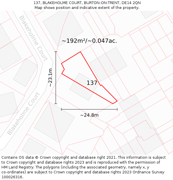 137, BLAKEHOLME COURT, BURTON-ON-TRENT, DE14 2QN: Plot and title map