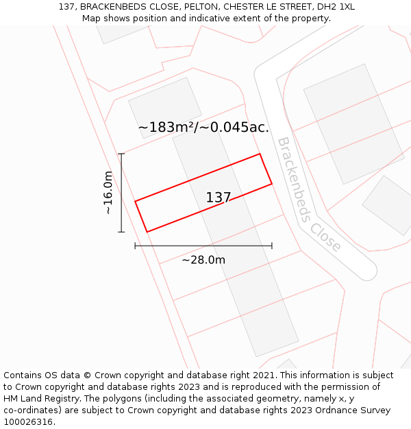 137, BRACKENBEDS CLOSE, PELTON, CHESTER LE STREET, DH2 1XL: Plot and title map