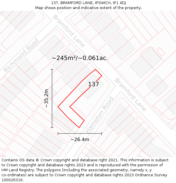 137, BRAMFORD LANE, IPSWICH, IP1 4DJ: Plot and title map