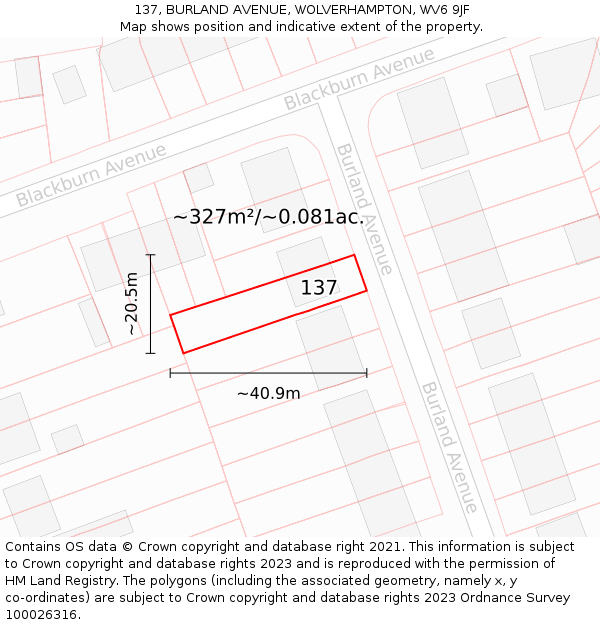 137, BURLAND AVENUE, WOLVERHAMPTON, WV6 9JF: Plot and title map