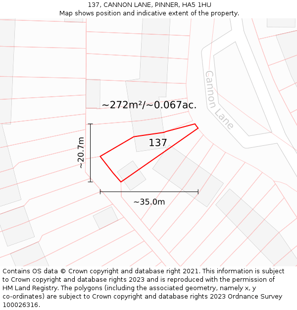 137, CANNON LANE, PINNER, HA5 1HU: Plot and title map