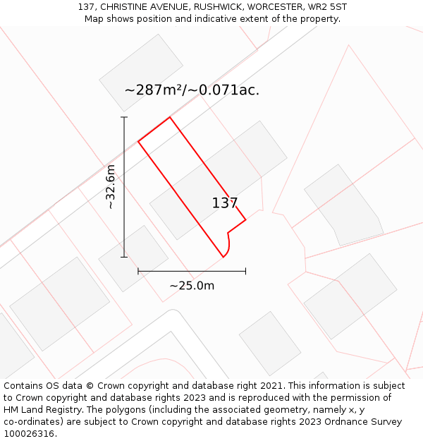 137, CHRISTINE AVENUE, RUSHWICK, WORCESTER, WR2 5ST: Plot and title map