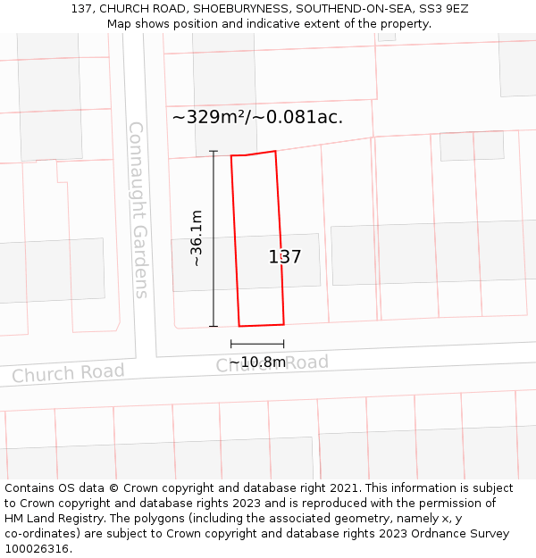 137, CHURCH ROAD, SHOEBURYNESS, SOUTHEND-ON-SEA, SS3 9EZ: Plot and title map