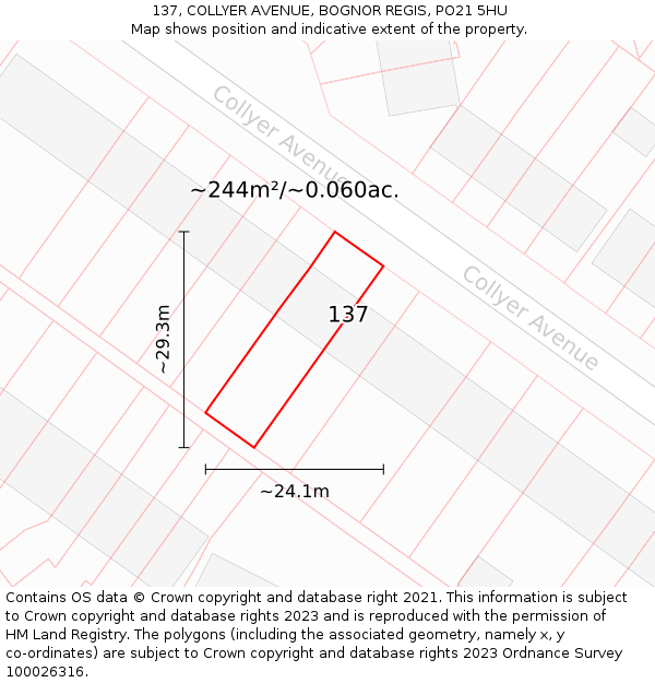 137, COLLYER AVENUE, BOGNOR REGIS, PO21 5HU: Plot and title map