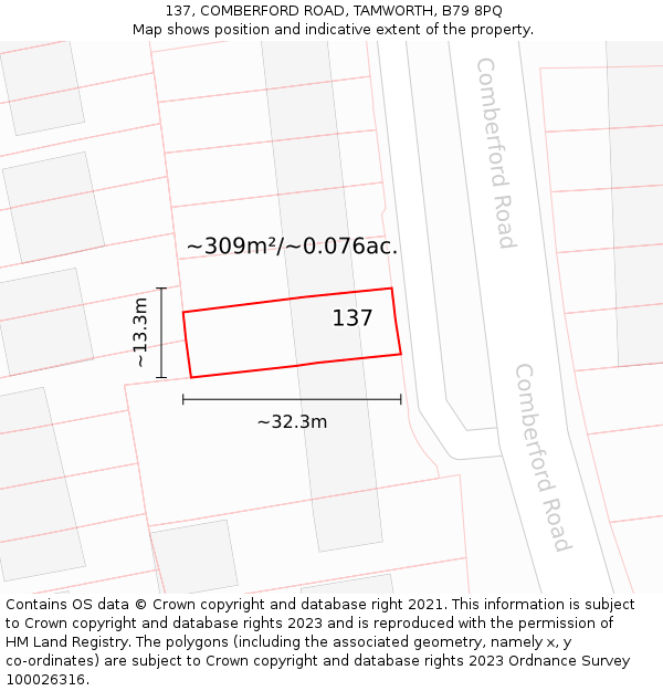 137, COMBERFORD ROAD, TAMWORTH, B79 8PQ: Plot and title map